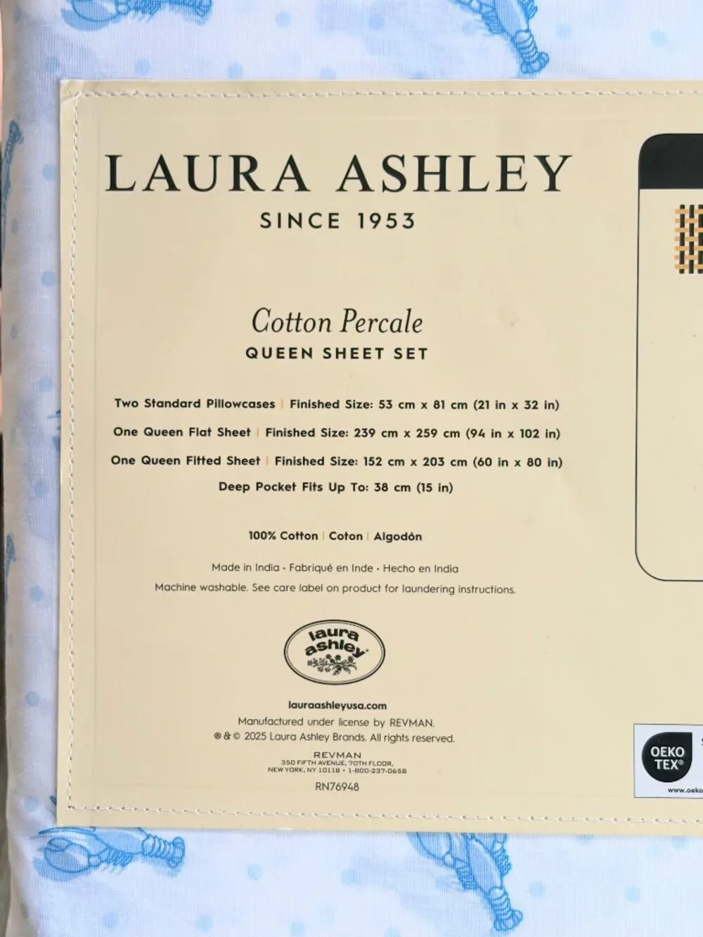 Laura Ashley Queen Size Blue Lobster Cotton Sheet Set crisp cotton percale